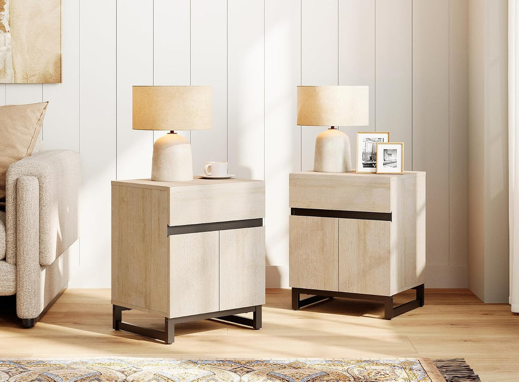 WAMPAT 2 Piece Modern End Table with 1 Drawer & 1 Storage Cabinet, Farmhouse Sofa Table, Wooden Rustic Side Sofa Table Metal Leg for Living Room, Nighstand for Bedroom, Light Oak