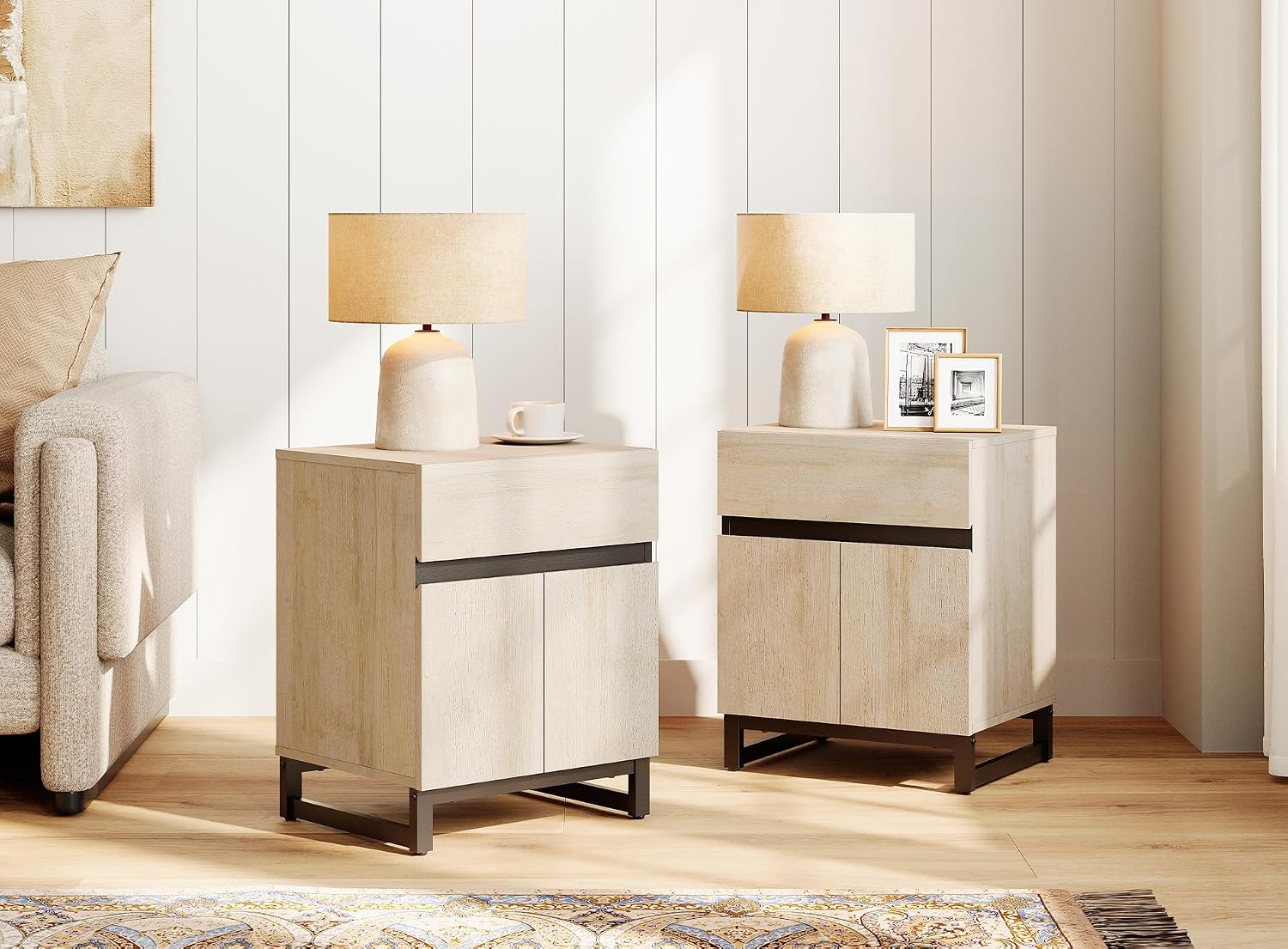 WAMPAT 2 Piece Modern End Table with 1 Drawer & 1 Storage Cabinet, Farmhouse Sofa Table, Wooden Rustic Side Sofa Table Metal Leg for Living Room, Nighstand for Bedroom, Light Oak