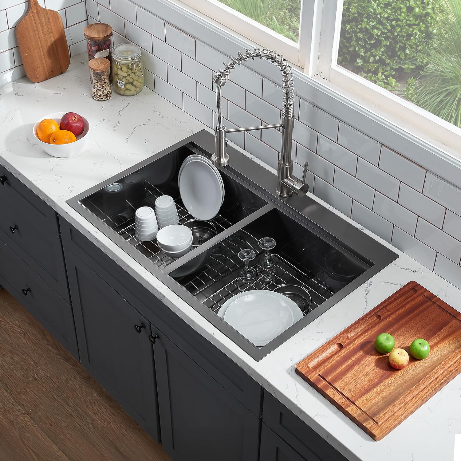 33x22 Double Bowl Kitchen Sink 33 Inch Black, Stainless Steel Drop in Double Basin Kitchen Sink, Topmonut 50/50 Kitchen Sinks Workstation Sink with Accessories