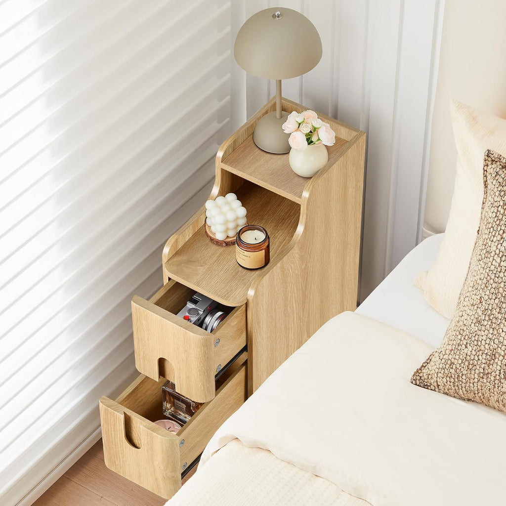 Small Nightstand Set of 2, Wood 2 Drawer Narrow Nightstand, Slim Side Table, Modern Skinny End Bedside Table, Natural Wood Night Stand with Drawers for Bedroom (Natural-2 pcs)