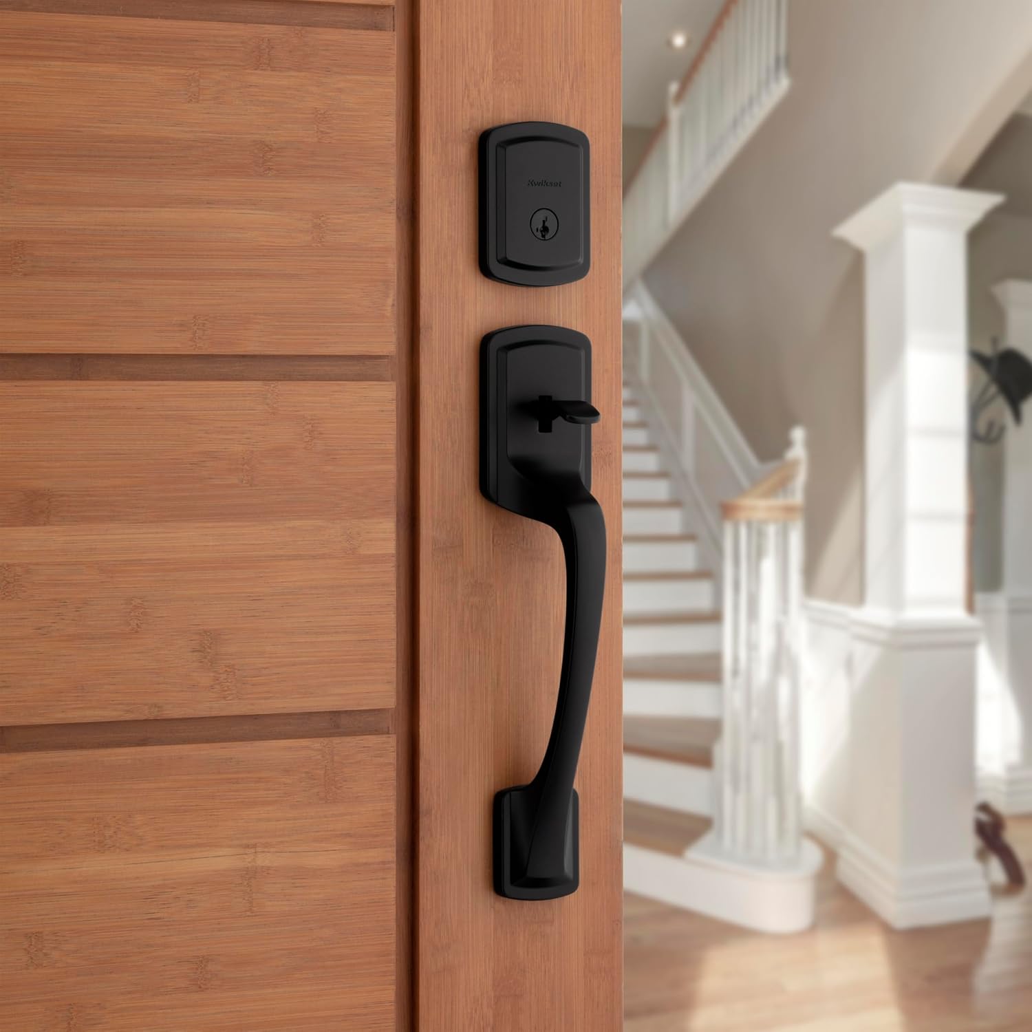 Kwikset Prague Front Door Lock Handle and Deadbolt Set, Entry Handleset Exterior with Round Pismo Interior Door Knob, Matte Black, Pick Resistant SmartKey Rekey Deadbolt Security