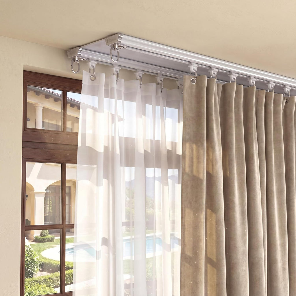 Juexica Ceiling Curtain Double Track Set 3ft-16.4ft/5 Meter White Double Curtain Track Ceiling Mount Heavy Duty Room Divider Adjustable Length Rails with Clips Hooks End Hook