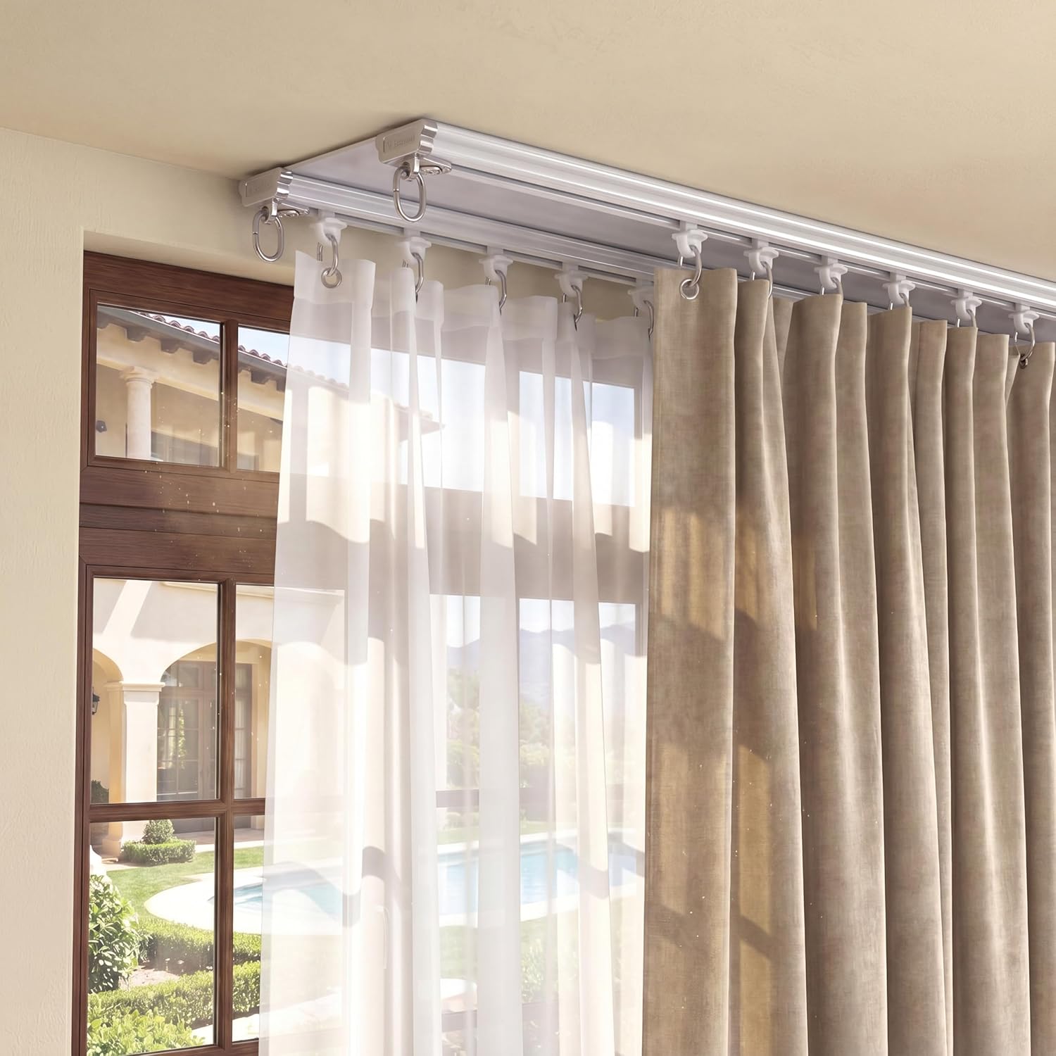 Juexica Ceiling Curtain Double Track Set 3ft-16.4ft/5 Meter White Double Curtain Track Ceiling Mount Heavy Duty Room Divider Adjustable Length Rails with Clips Hooks End Hook