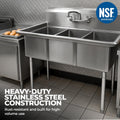 3 Compartment Stainless Steel Commercial Kitchen Sink – 59' Long | Bowl Size 18' x 18' x 12' | NSF Certified | Prep & Utility Sink