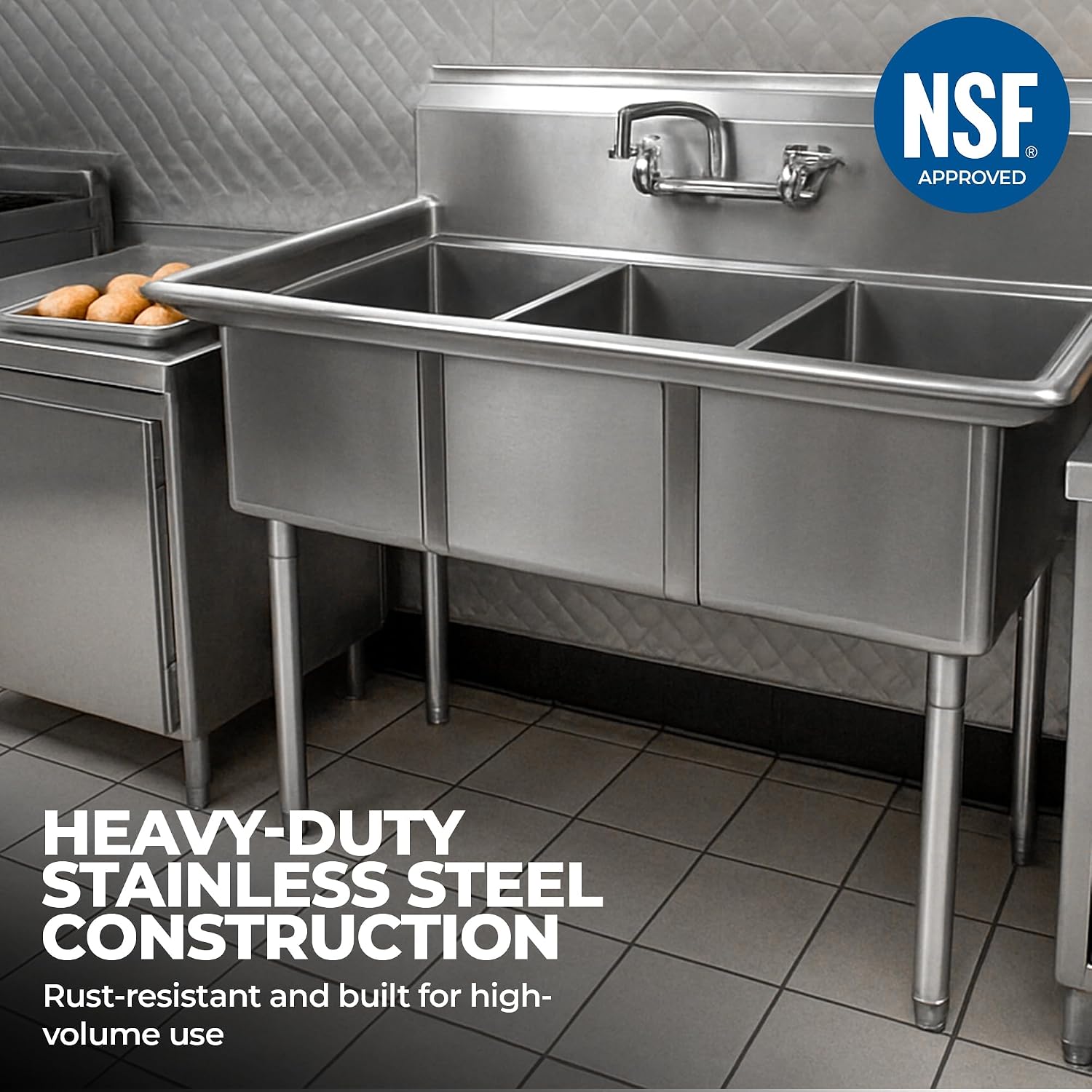 3 Compartment Stainless Steel Commercial Kitchen Sink – 59' Long | Bowl Size 18' x 18' x 12' | NSF Certified | Prep & Utility Sink