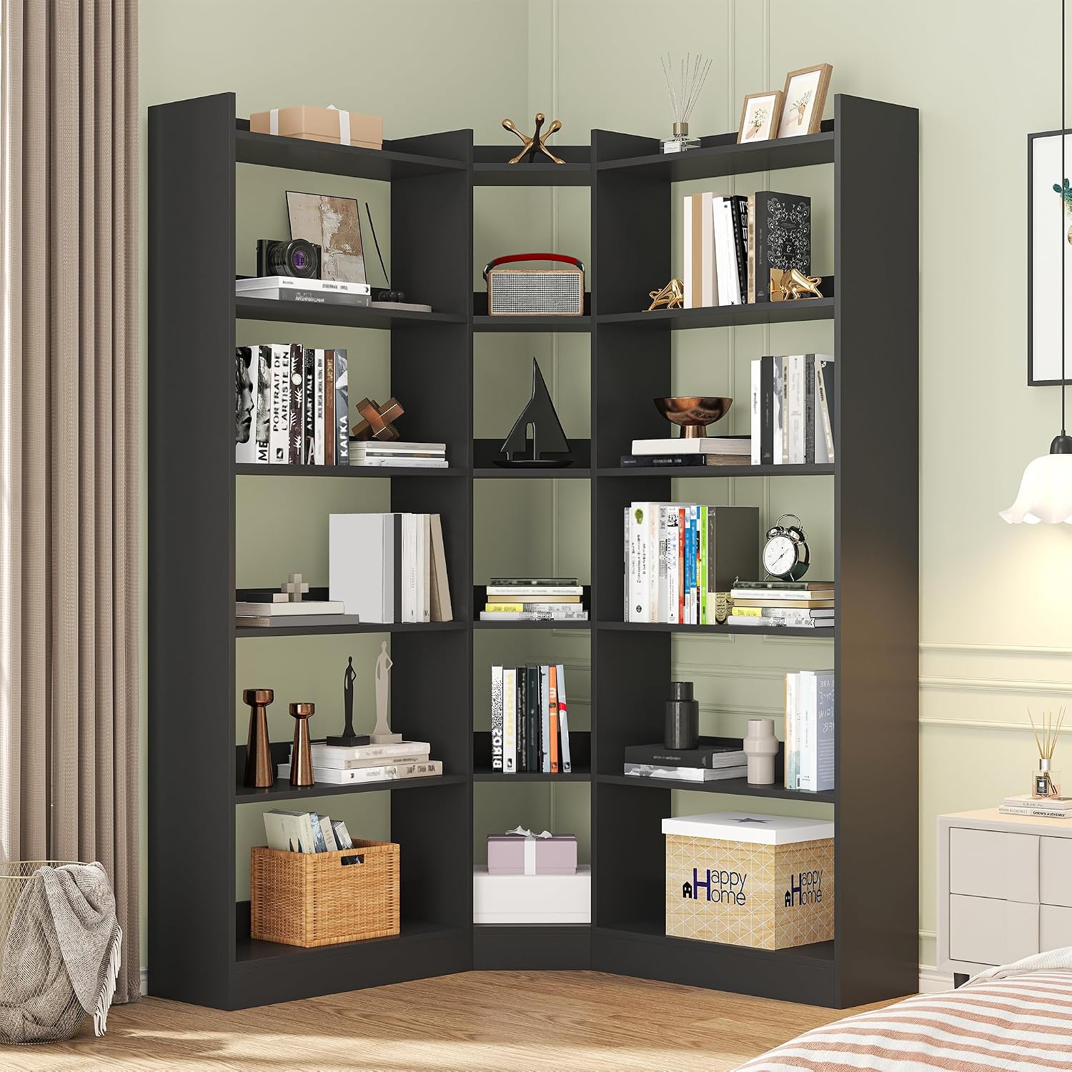 Nosepen 6 Tiers Corner Bookshelf, 63.1' Tall Modern Corner Etagere Bookcase Storage Display Rack Book Shelf with Baffle, Industrial L Shaped Bookshelves for Bedroom, Home Office, Living Room, Black