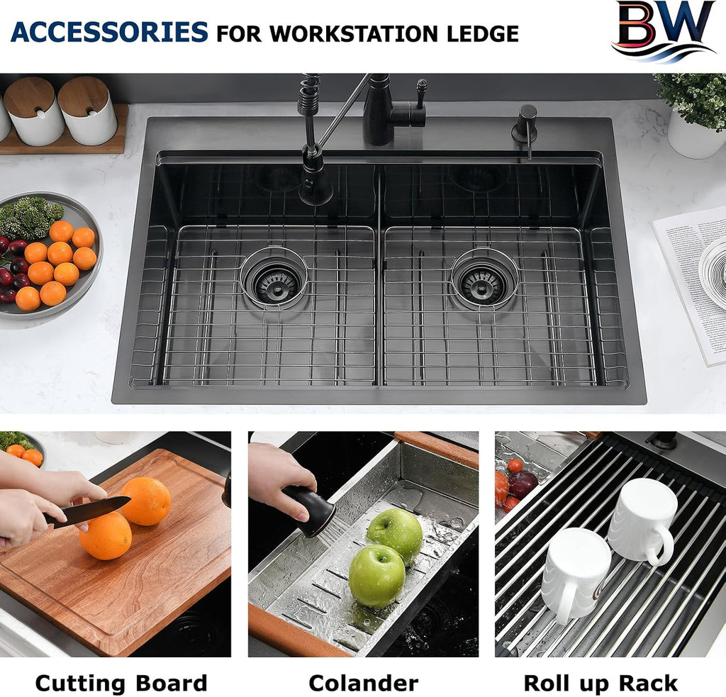 33x22 Black Double Bowl Drop In Kitchen Sink Workstation - 16 Gauge Stainless Steel Workstation Sinks 50/50 Split, Top Mount Drop In Kitchen Sink Double Bowl with Accessories