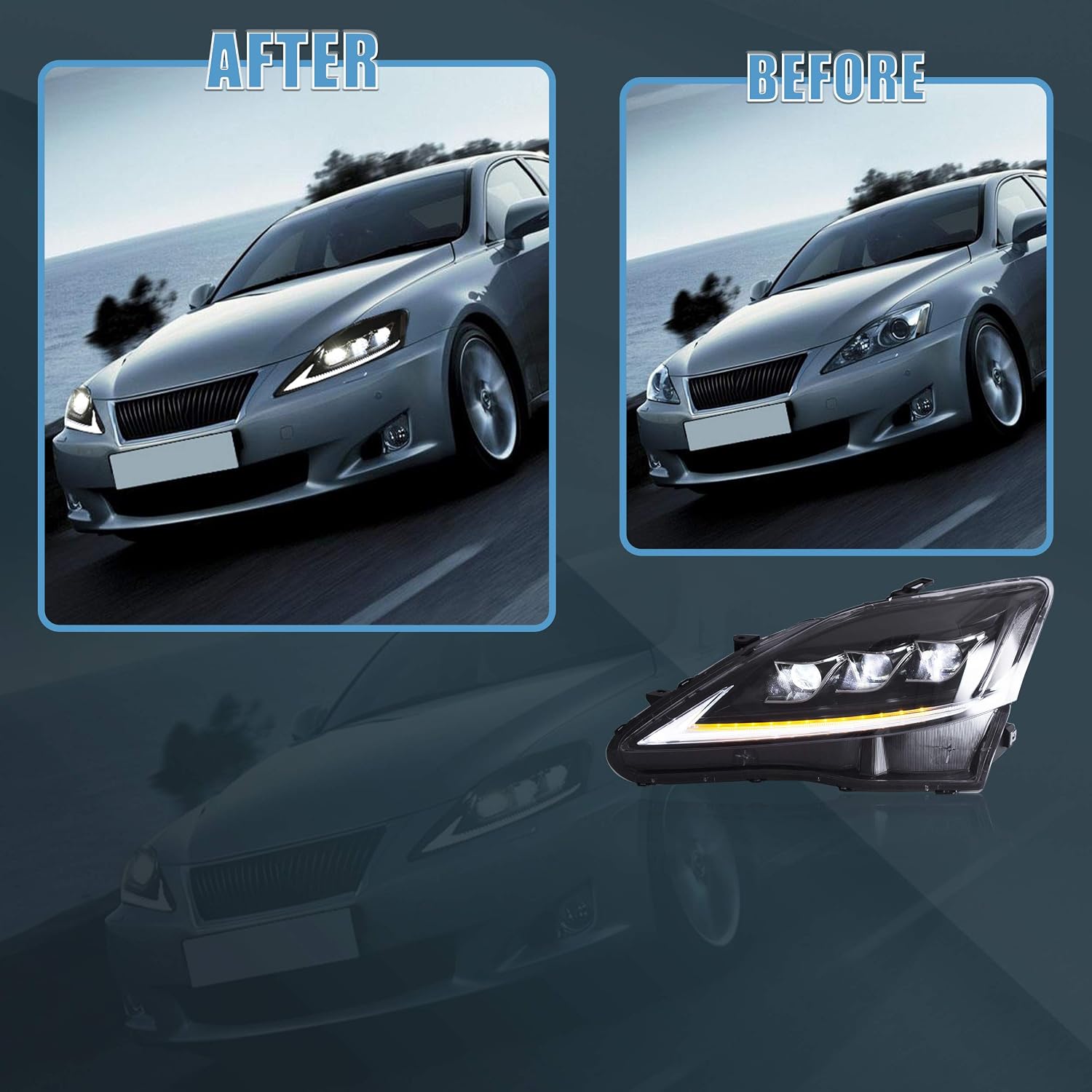 VLAND Headlights and Tail lights Fit for Lexus IS250 IS350 IS22d 2006-2012, ISF 2008-2014 4-Door, Plug-and-play, (Clear+Red)