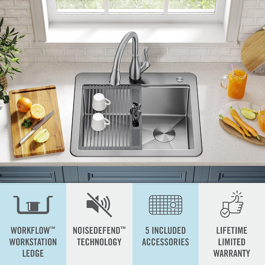 DELTA FAUCET 95A932-25S-SS Lorelai Workstation Kitchen Sink Drop-in Top Mount Stainless Steel Single Bowl with WorkFlow Ledge and Chef's Kit of 5 Accessories