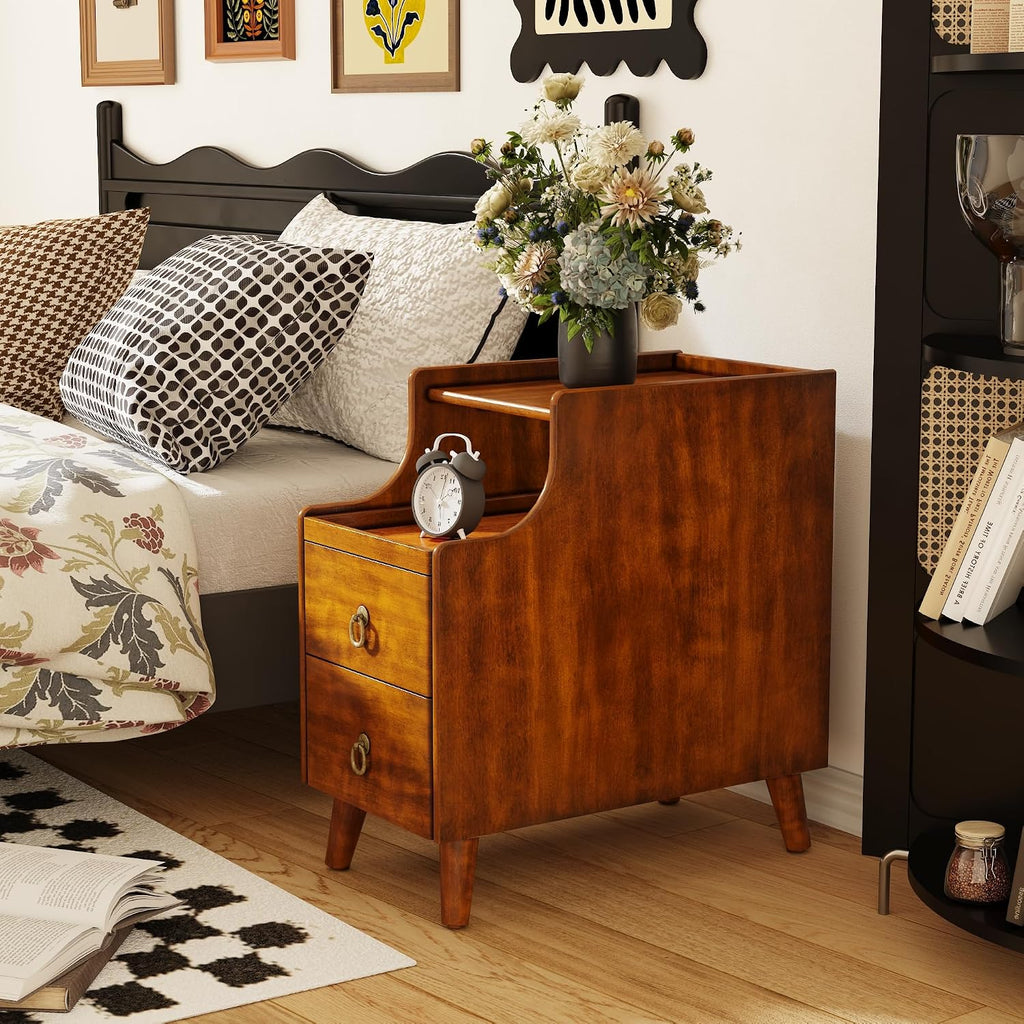Narrow End Side Table Set of 2 with 2 Drawers and Pull-Out Tray, No-Tools Assembly Sofa Beside Table for Living Room, Slim Side Table with Wood Legs, 11.8'W x 21.6'L x 22.9'H Caramel Brown BG-A1359-MG