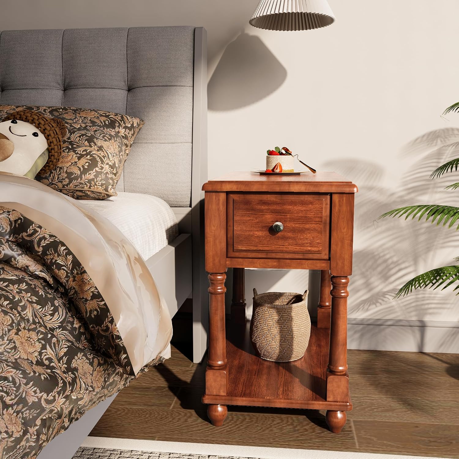 LEEMTORIG Solid Wood End Table Narrow Side Table with Drawer, Cherry Wood End Table living room, 13'W Slim Bedside Table Small Nightstand, 22'D x 22.3'H, No-tools Assembly, Beeswax Brown BBJ-004-DR