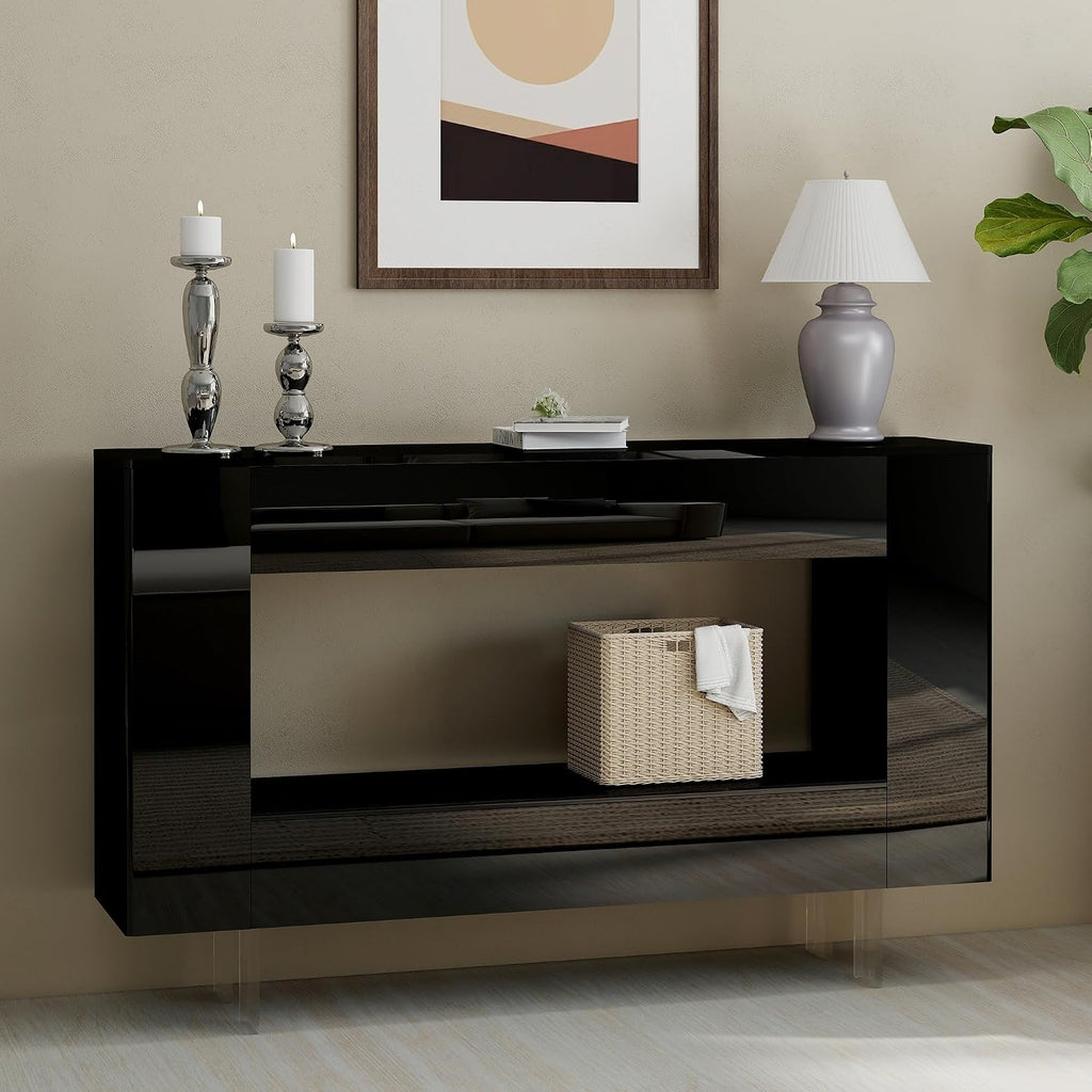 47' High Gloss Console Table with Hidden Side Storage Cabinets, Adjustable Shelves, Modern Black Entryway Sofa Table for Behind The Couch, Living Room, Hallway, Black