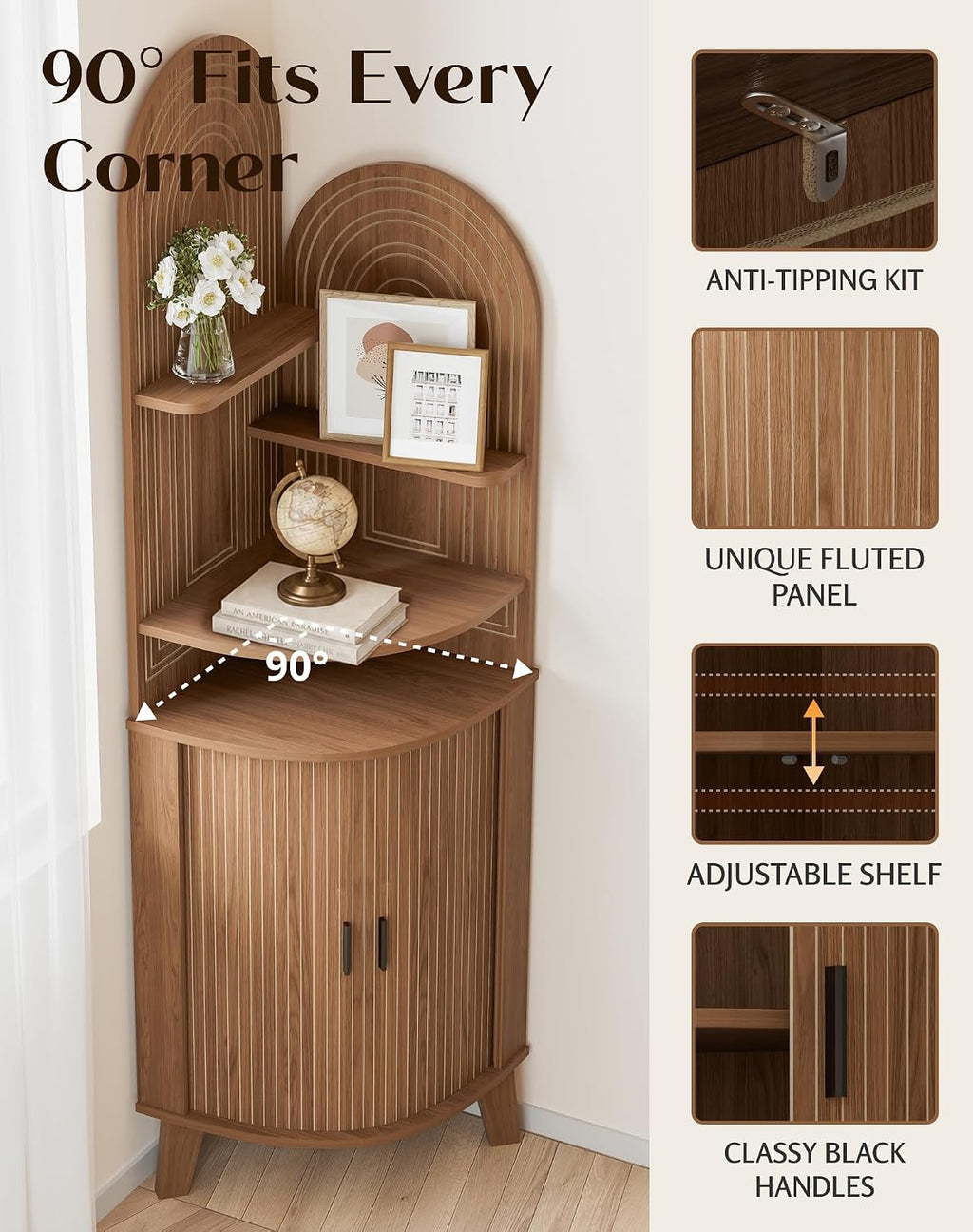 Small Corner Cabinet with Sliding Door and Storage, Tall Corner Bathroom Cabinet for Kitchen, Living Room, Corner Shelf Display Storage Cabinet, Walnut