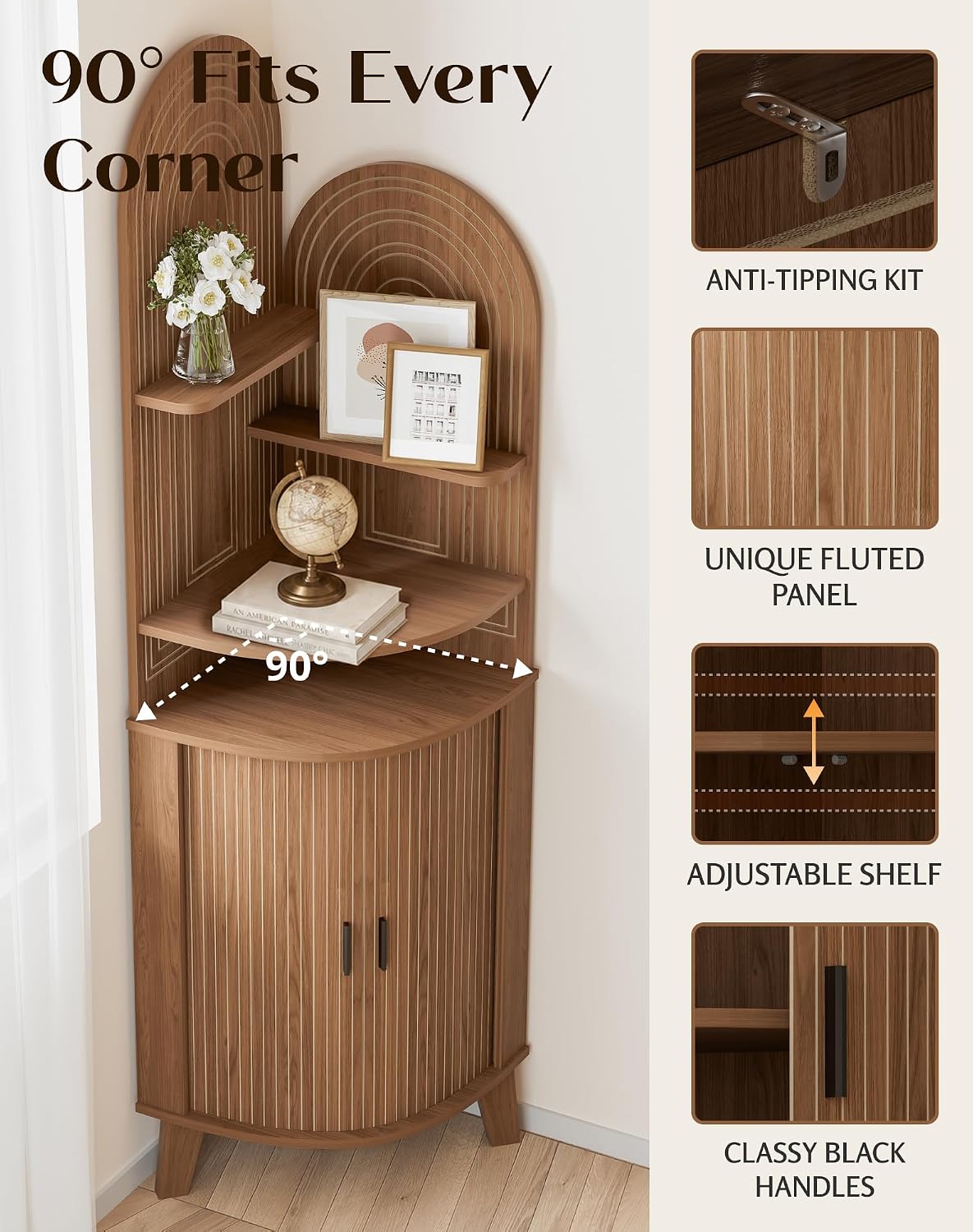 Small Corner Cabinet with Sliding Door and Storage, Tall Corner Bathroom Cabinet for Kitchen, Living Room, Corner Shelf Display Storage Cabinet, Walnut