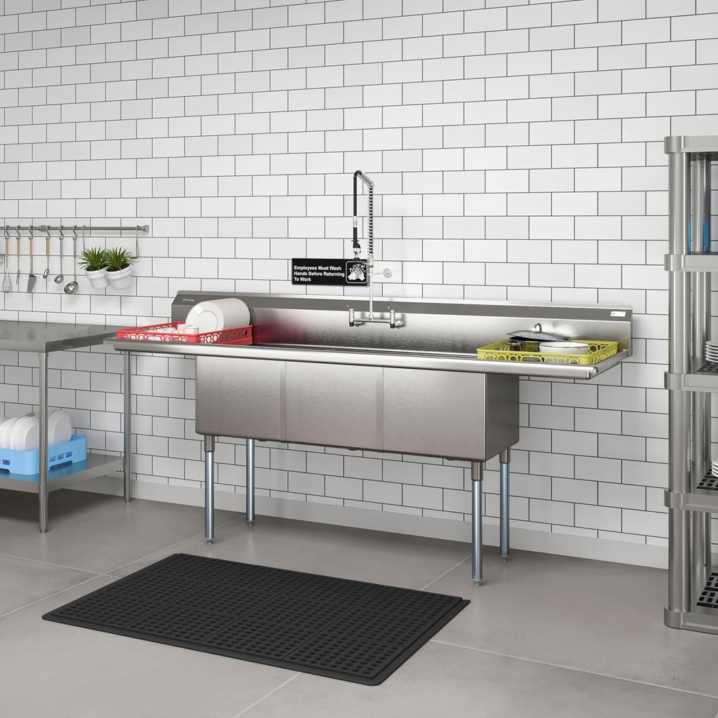 KoolMore 90 in. Three Compartment 18-Gauge Stainless-Steel NSF Commercial Kitchen Sink, Bowl Size 18x18x14, with Three Basins and Pre-Drilled Faucet Holes and Two Drainboards (KM-SC181814-18B3)