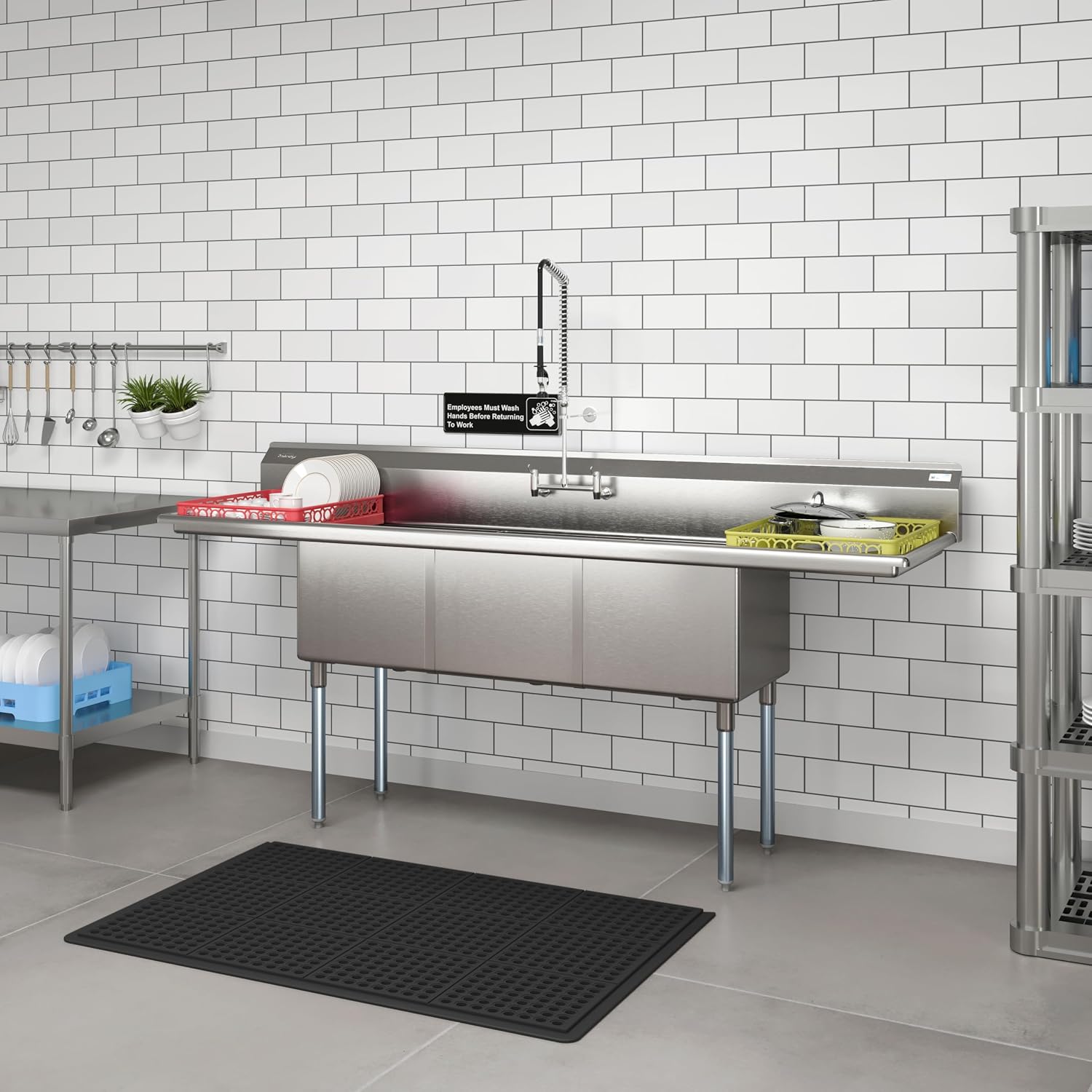 KoolMore 90 in. Three Compartment 18-Gauge Stainless-Steel NSF Commercial Kitchen Sink, Bowl Size 18x18x14, with Three Basins and Pre-Drilled Faucet Holes and Two Drainboards (KM-SC181814-18B3)