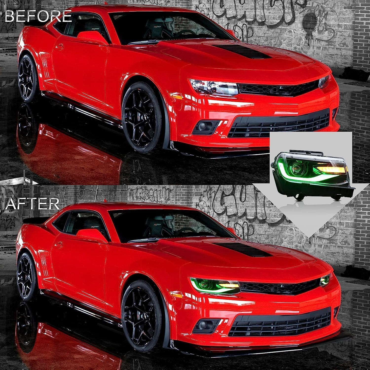 VLAND Headlights w/D2S Fit for 2014 2015 Chevy Camaro 5th Gen, Multicolor Front light with Sequential Turn Signal, W/Dual Beam Lens Dynamic DRL, Plug-n-Play Headlamp