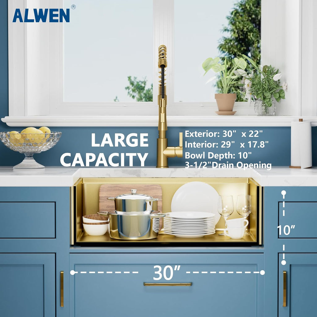 30' Luxury Gold Farmhouse Sink – ALWEN 16 Gauge Workstation Apron Front Sink, 10' Depth Single Bowl with R10 Radius & Accessories