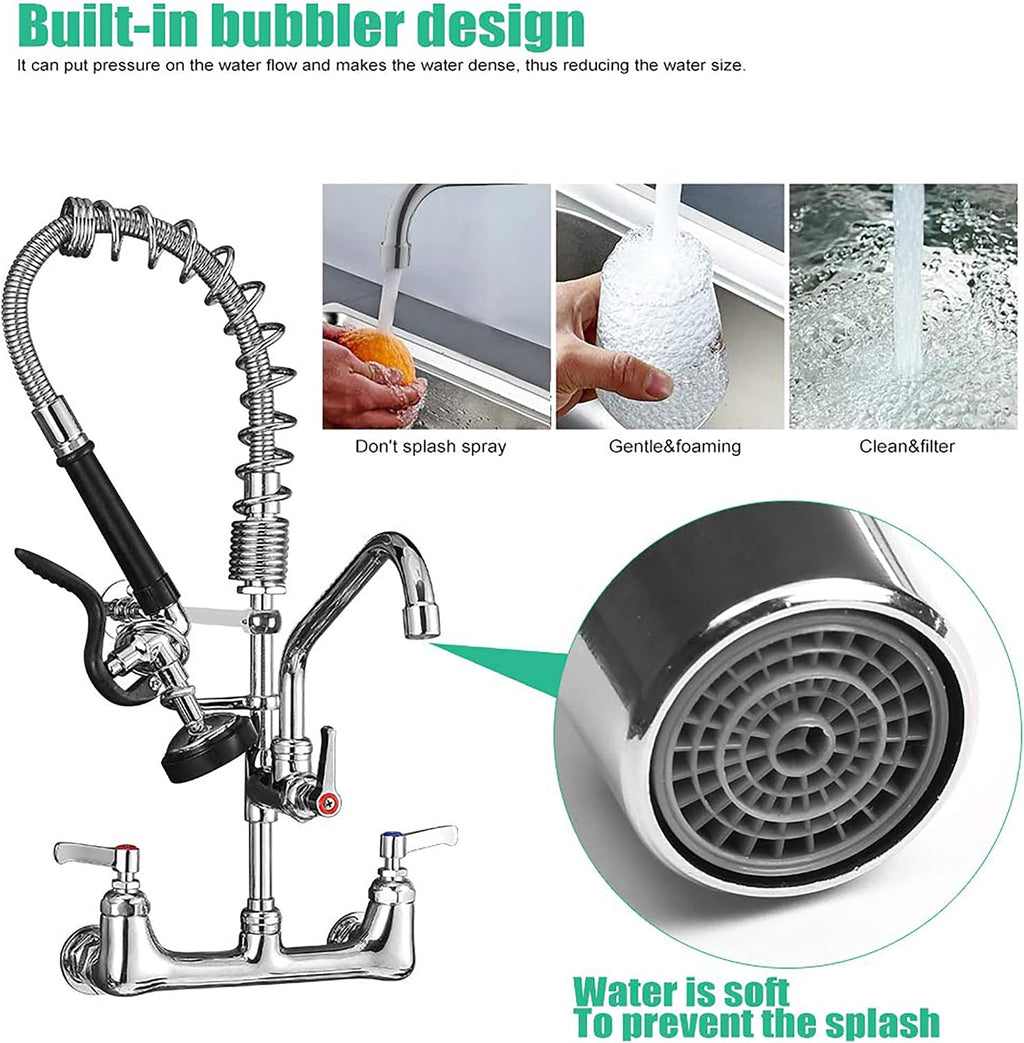 Commercial Faucet with Sprayer 21' Height 8' Center Wall Mount Kitchen Sink Faucet Brass Constructed Polished Chrome Pre-Rinse Device with Spring and 8' Add-on Spout