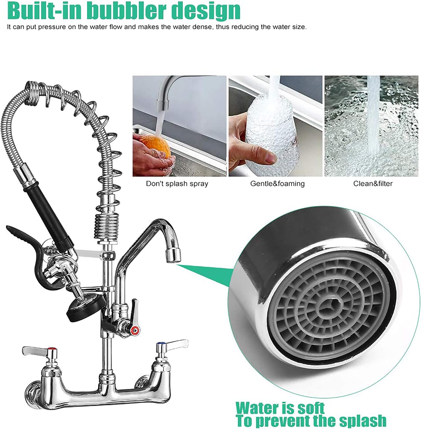 Commercial Faucet with Sprayer 21' Height 8' Center Wall Mount Kitchen Sink Faucet Brass Constructed Polished Chrome Pre-Rinse Device with Spring and 8' Add-on Spout