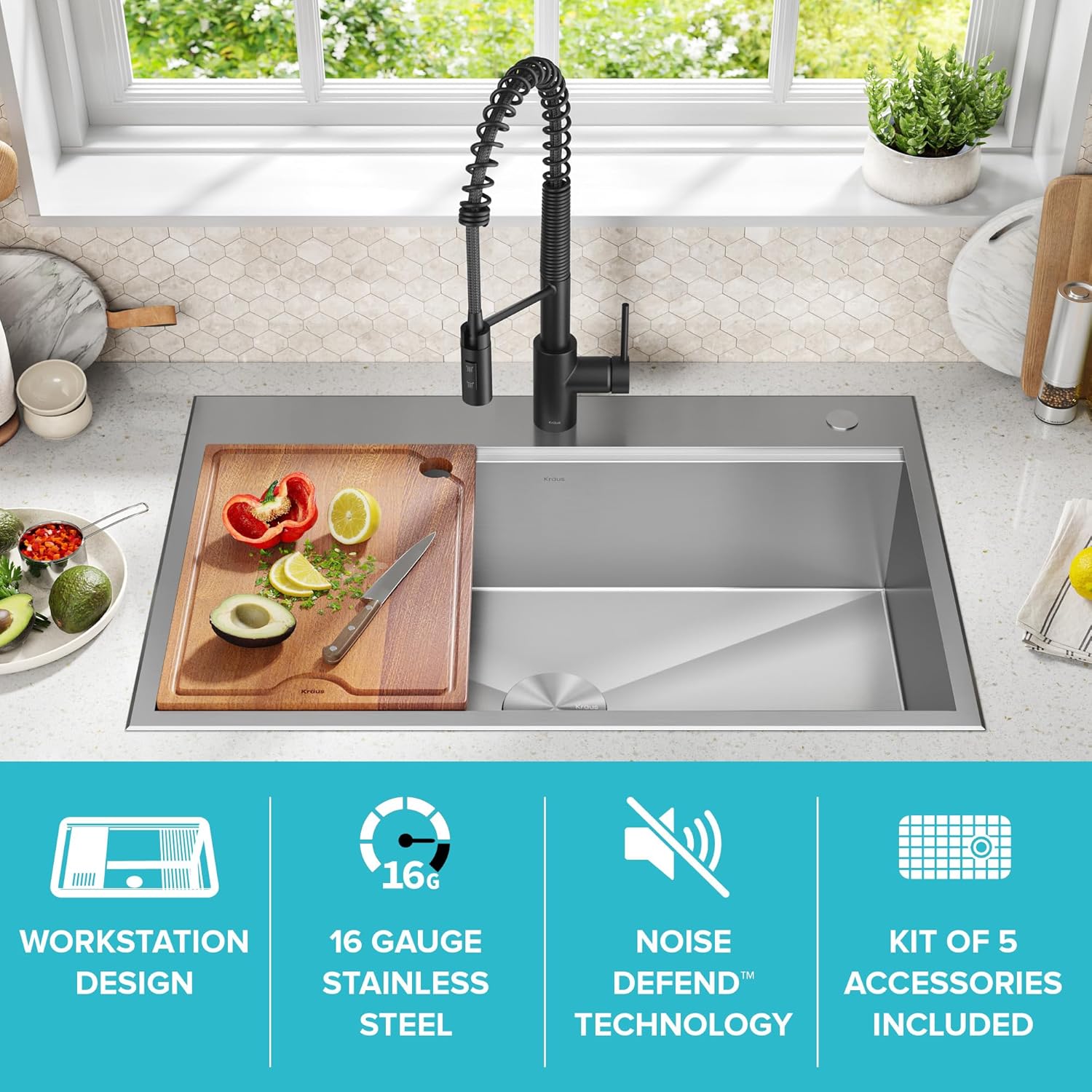 KRAUS Kore 33-in Drop-In Workstation 16 Gauge Stainless Steel Single Bowl Kitchen Sink with Accessories