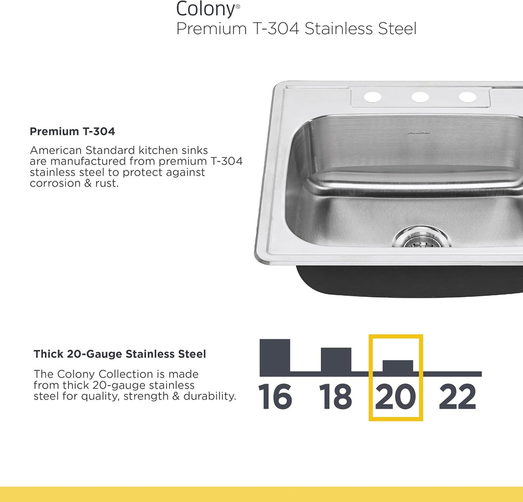 American Standard 20DB.8332283S.075 Colony Top Mount 33x22 Double Bowl Stainless Steel 3-Hole Kitchen Sink