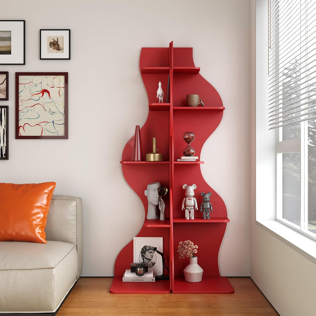 YOWOS 69.4' 5-Tier Modern Corner Bookshelf – Wavy Wooden Display Shelf with Storage, Narrow Corner Bookcase for Small Spaces, Ideal for Plants, Books & Decor (Red)