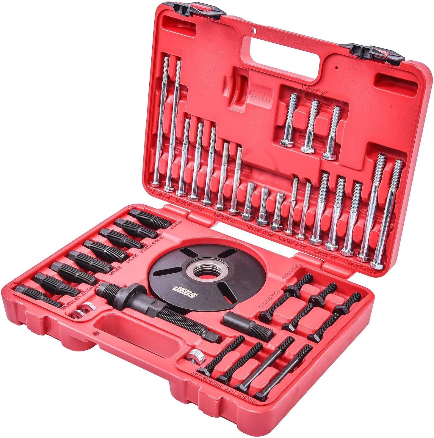 JEGS Universal Harmonic Damper Balancer Puller/Installer Tool Set | Includes 30 Bolts, 9 Adapters, 11 Washers, 1 Five Inch Puller Screw With Body, And 1 Puller Flange