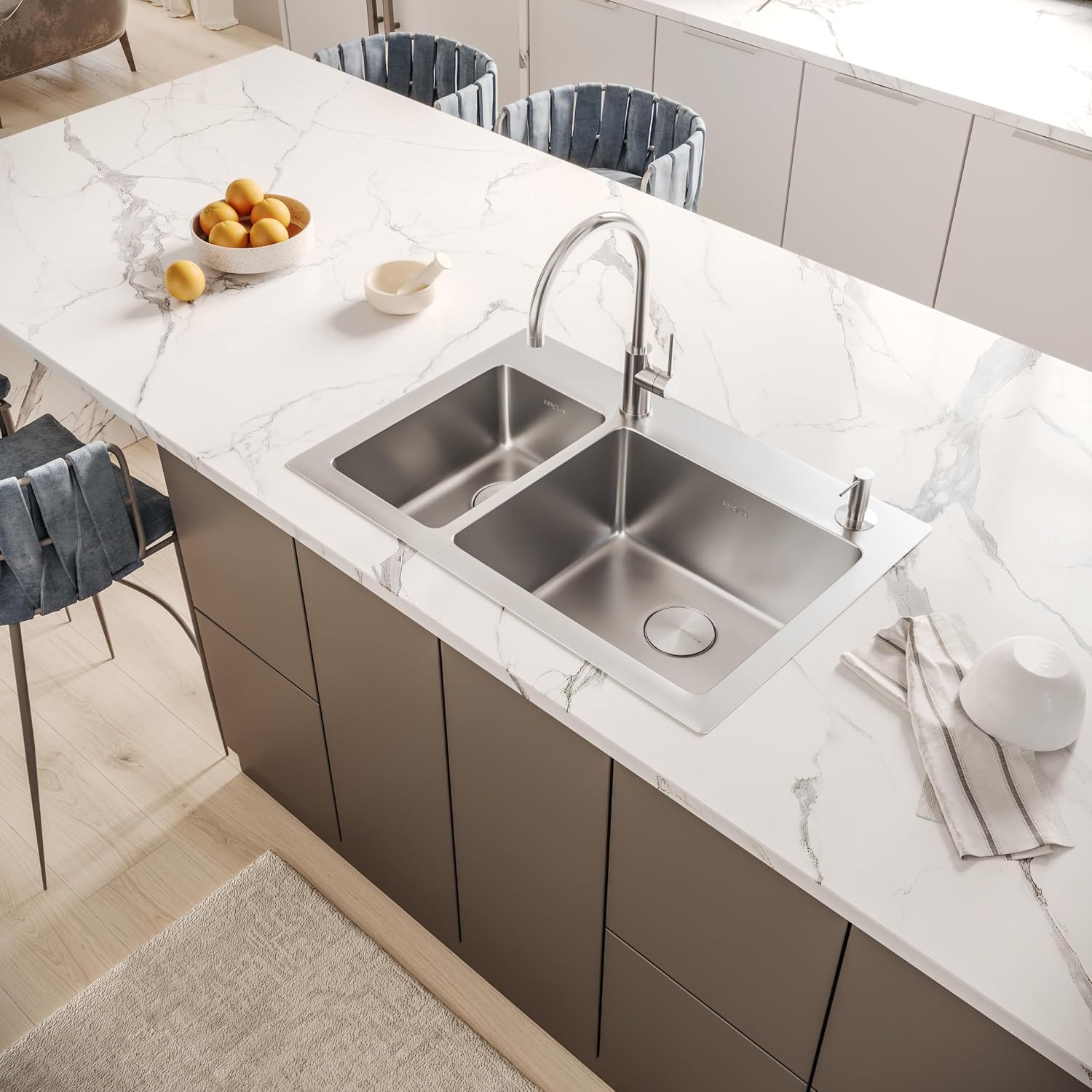 Ruvati 33 x 22 inch Drop-in Topmount Kitchen Sink - 16 Gauge Stainless Steel 30/70 Double Bowl Kitchen Sink with Brushed Finish hides scratches, Easy-to-Clean Drop-in kitchen Sink - RVM5176
