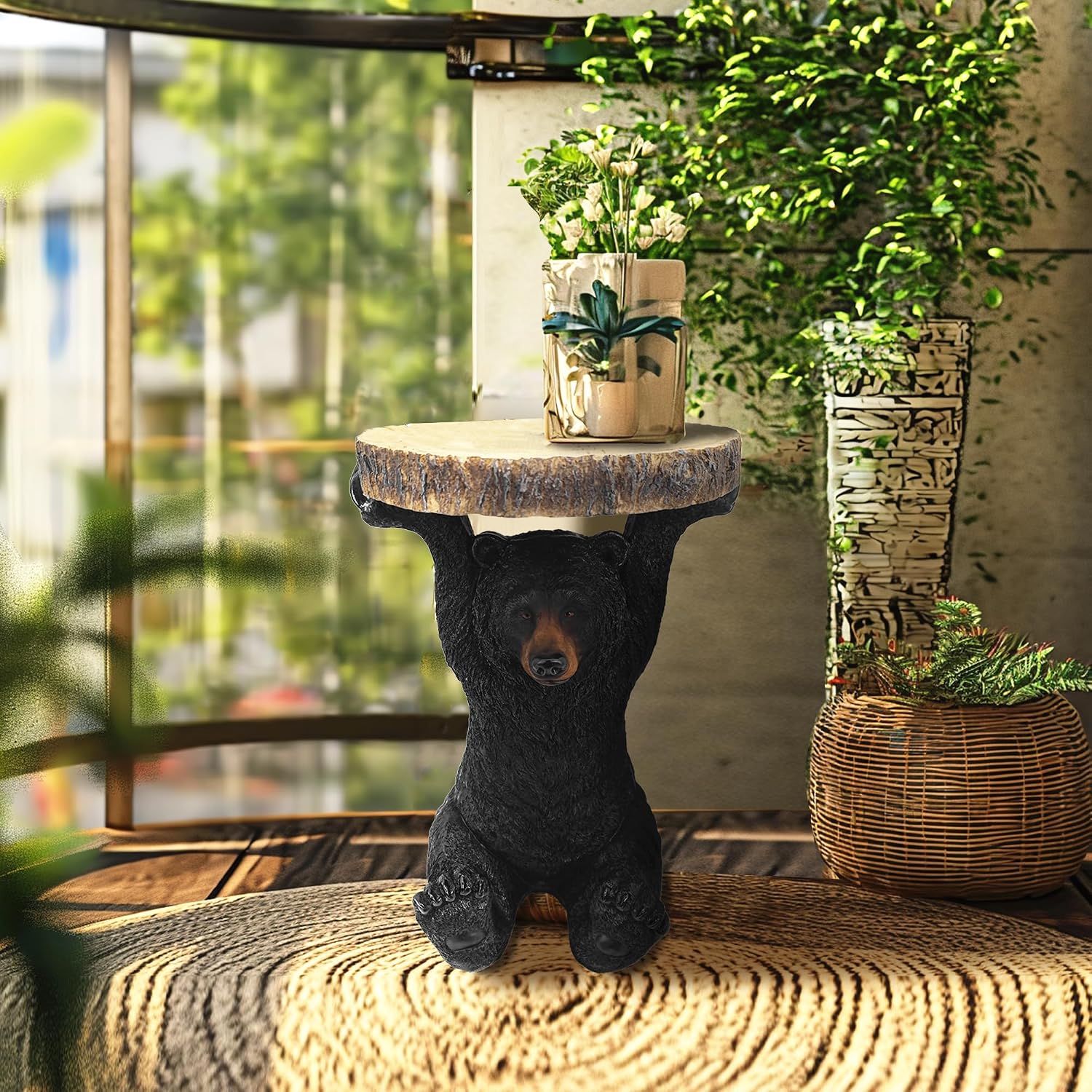 GENUINQ American Black Bear Side Table Pedestal End Table Stool Resin Bear Statue Hand Painted Sculpture Home Office Living Room Decor