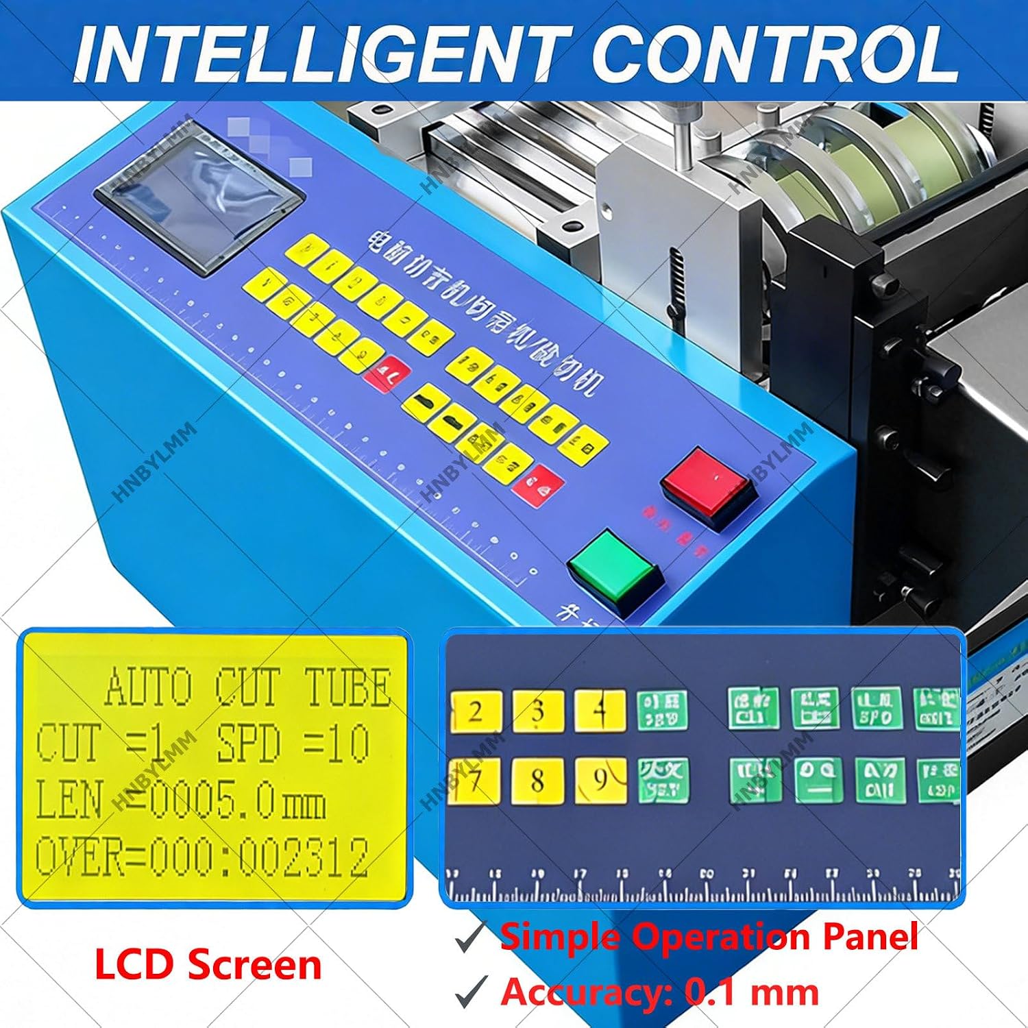 Automatic Heat Shrink Tube Cutting Machine Electric Tube Cable Pipe Cutter Industrial Fiberglass Sleeving Cutter with LCD Display & Micro Computer Control, Cutting Width 0-100mm, Accuracy 0.1mm