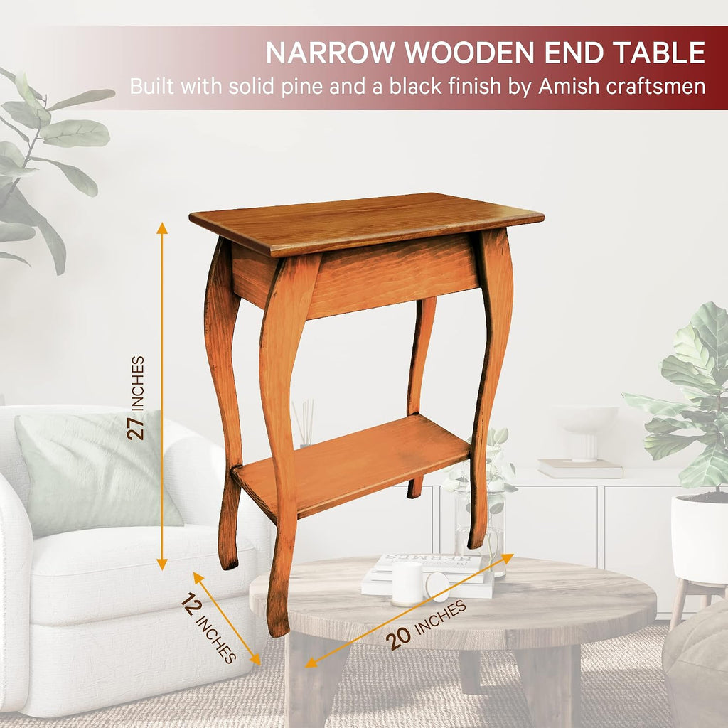 Peaceful Classics Wooden End Table- Amish Handmade Slim Side Table for Living Room, Bedroom, Entry Way, & Hallway, Thin Narrow End Table with 2-Tiered Shelves for Display & Storage, Cherry
