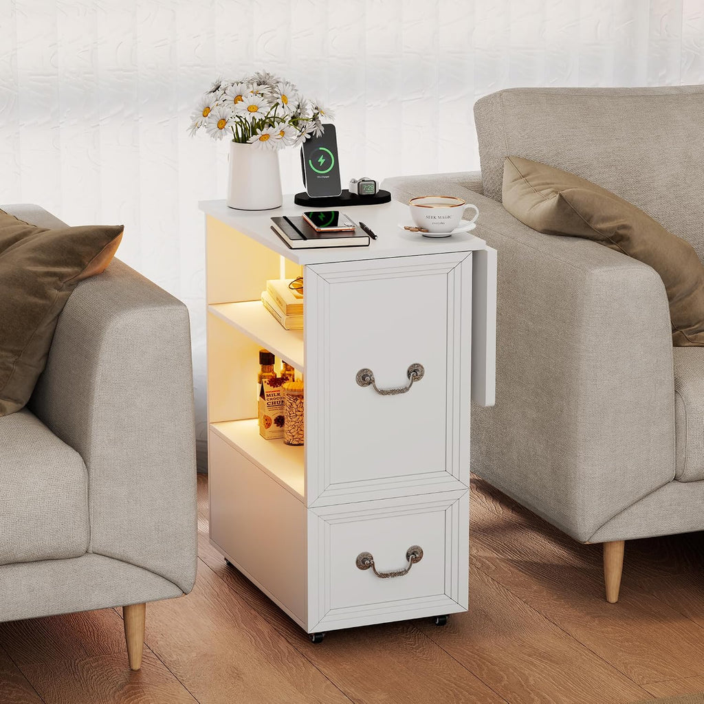 Dystler Side Table Set of 2 with Charging Station and LED Lights, 27.5' Tall Rolling End Table with Drawers and Shelves, Narrow Nightstand with Wheels for Small Space, Living Room, Bedroom, White