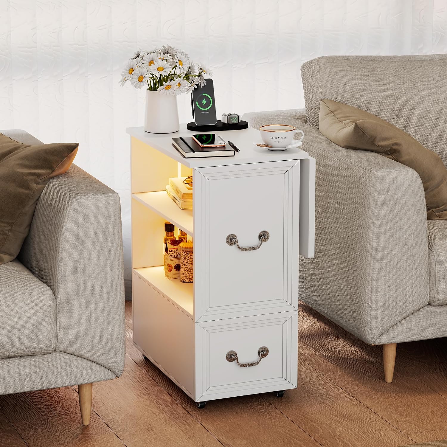 Dystler Side Table Set of 2 with Charging Station and LED Lights, 27.5' Tall Rolling End Table with Drawers and Shelves, Narrow Nightstand with Wheels for Small Space, Living Room, Bedroom, White