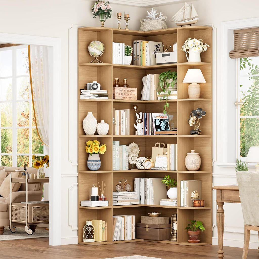 FOTOSOK 72' Tall Corner Bookshelf, 6-Tier Bookshelf and Bookcase with Open Storage, Tall Bookcases Wooden Storage Shelves for Home Office, Thickened Boards for Better Load Bearing, Natural