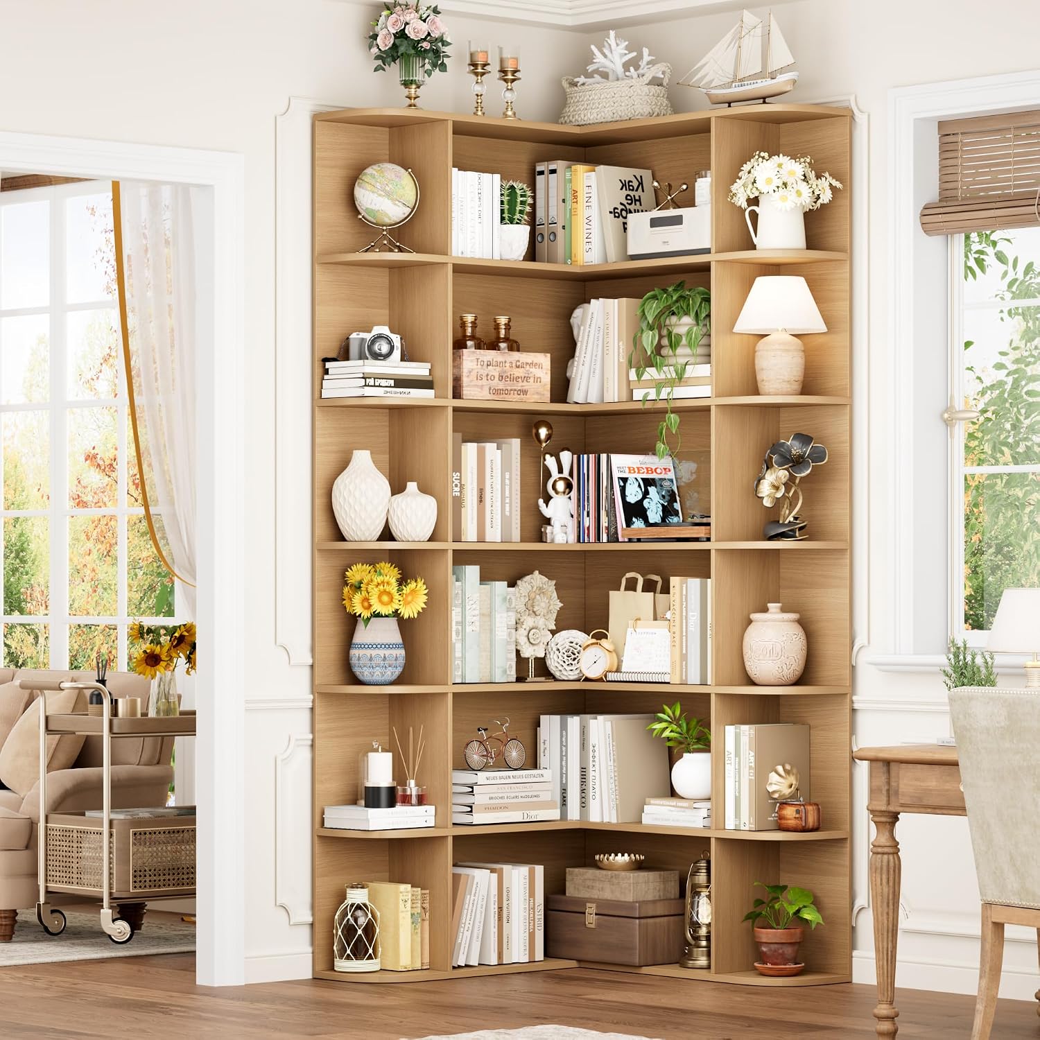FOTOSOK 72' Tall Corner Bookshelf, 6-Tier Bookshelf and Bookcase with Open Storage, Tall Bookcases Wooden Storage Shelves for Home Office, Thickened Boards for Better Load Bearing, Natural