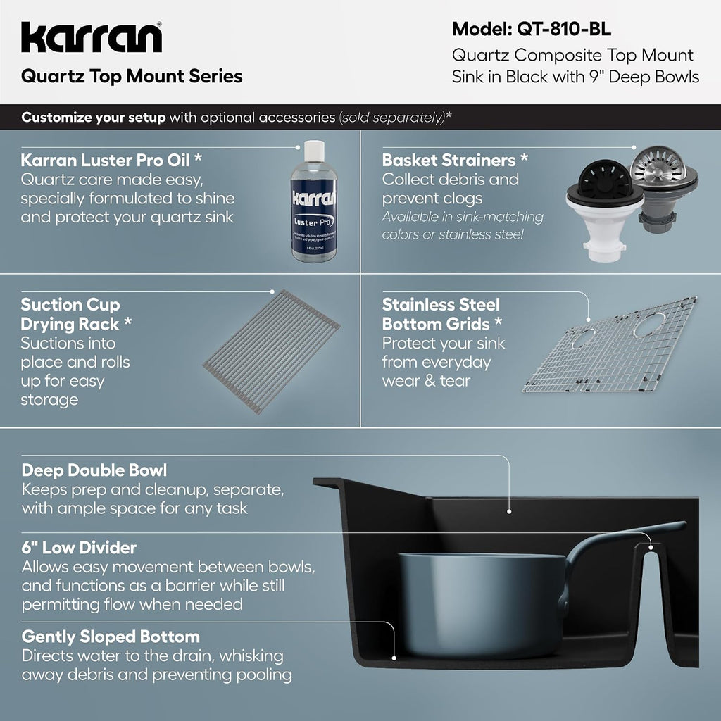 Karran 33' Black Quartz Composite Double Bowl Kitchen Sink – Top Mount Drop-In 50/50 Low Divider, 80% Natural Quartz, 535°F Heat Resistant, Sound Dampening, Granite Composite, QT-810