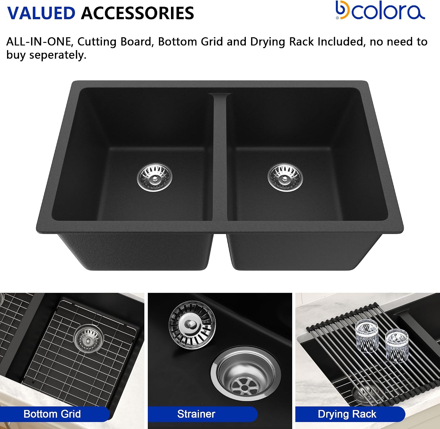 Dcolora 33 inch Quartz Matte Black Granite Composite Double Bowl Undermount Kitchen Sink Basin Deep 50/50 Split, DC-GU7761