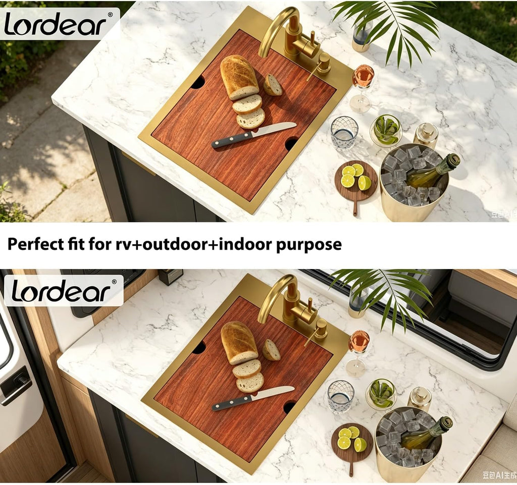 Bar Sink - Lordear 15x20 Inch Gold Bar Sink with Faucet Drop In Workstation 16 Gauge T304 Stainless Steel Single Bowl Top Mount Wet Bar RV Prep Outdoor Kitchen Sink 15x20x9 Inch