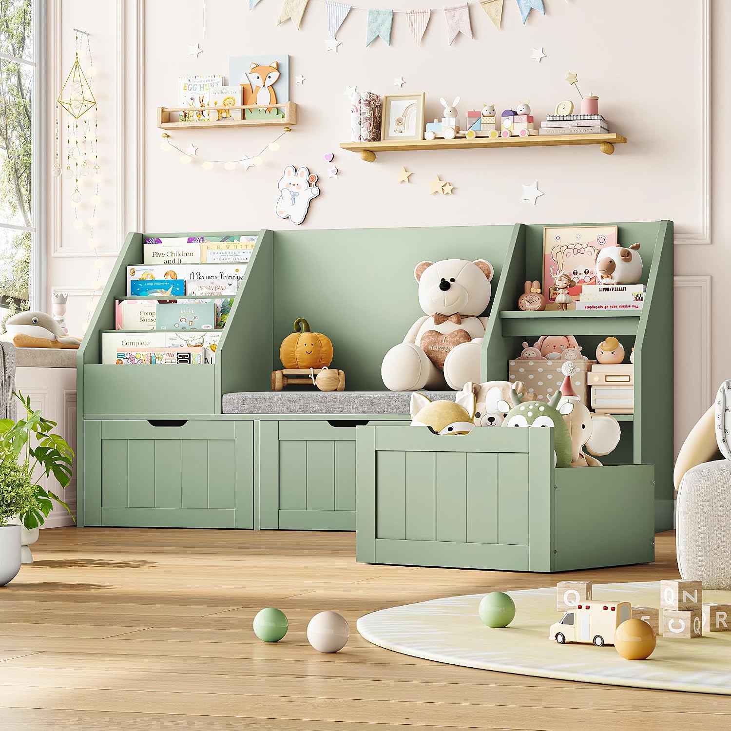 FOTOSOK 55.1'' Kids Bookshelf with Reading Nook, Toy Storage Organizer with Seat Cushion and 3 Movable Drawers, Kids Reading Nook Toy Organizers and Storage with Bench for Playroom, Bedroom, Green
