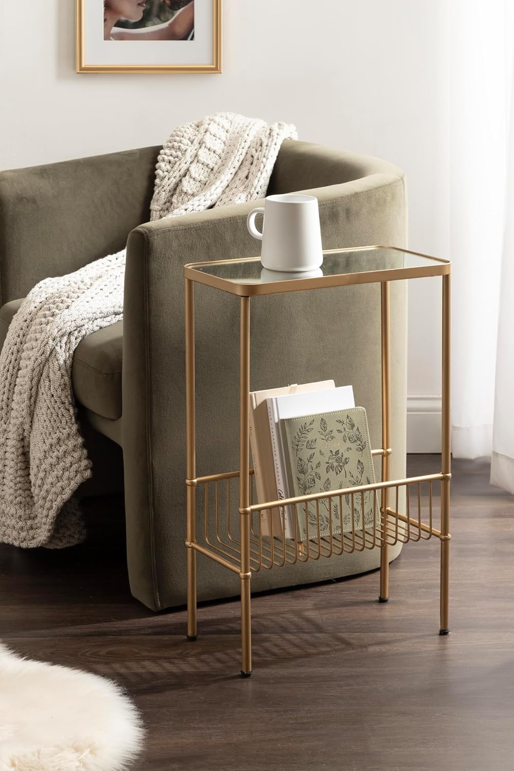 Kate and Laurel Trubey Modern Mirrored Rectangle Narrow Side Table, 16 x 8 x 25, Gold, Modern Glam Slim End Table with Bottom Wire Storage Rack and Mirrored Tabletop
