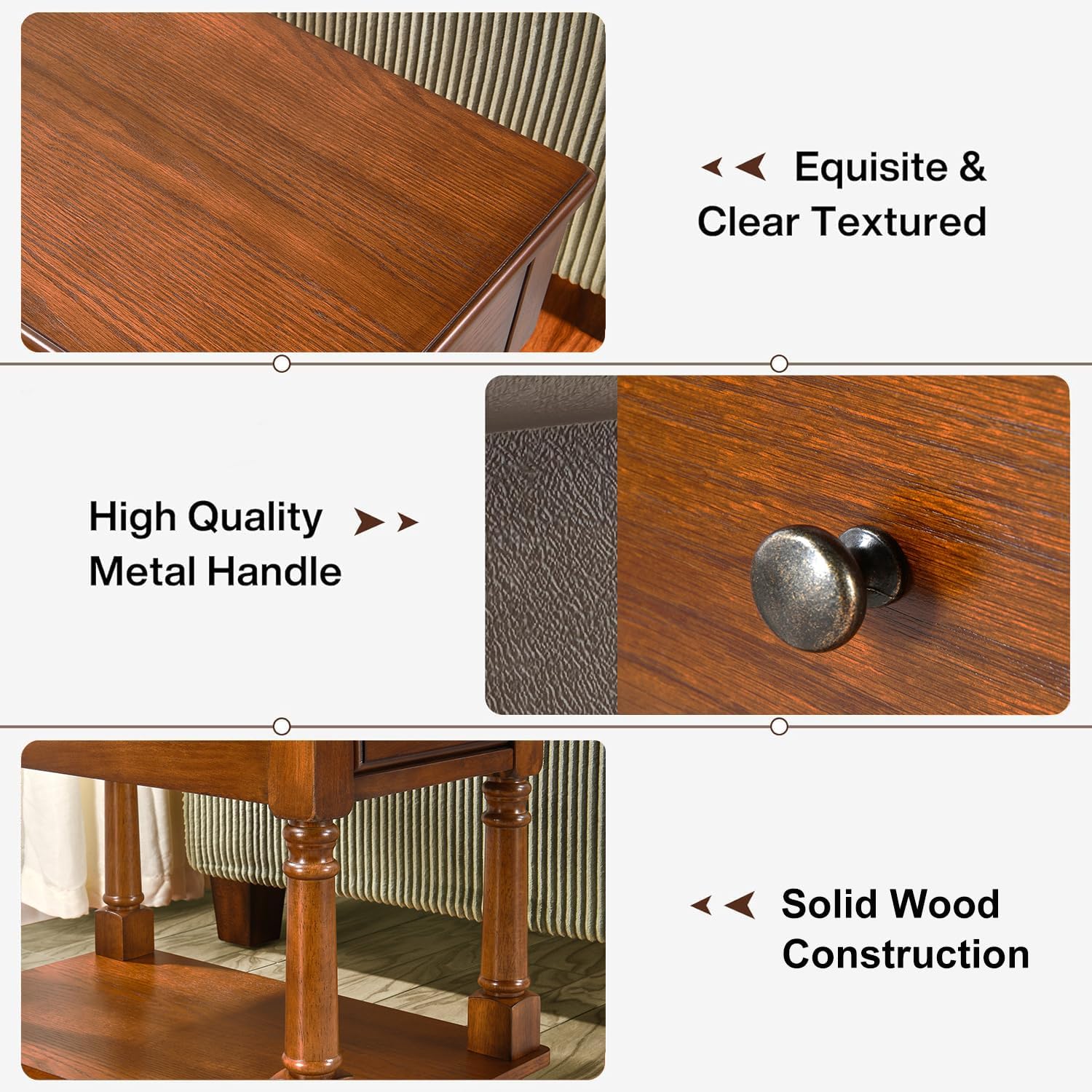 Set of 2 Narrow End Table with Drawer and Shelf, Solid Wood Sofa Side Tables 2-Tier Skinny Table with Storage Slim Bedside Table for Small Space Living Room-Cherry Brown 004DR