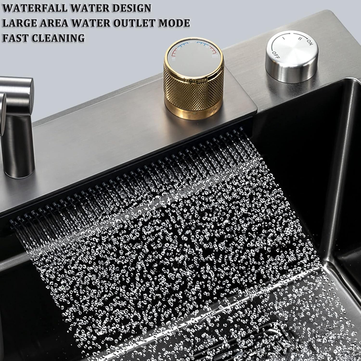 304 Stainless Steel Waterfall Sink Single Bowl Kitchen Sink Multi-Function Bar Prep Sink with Collapsible Faucet and Cup Washer Drop in Or Under Mount (Color : Grey, Size : 68x46x21cm) (Gun G