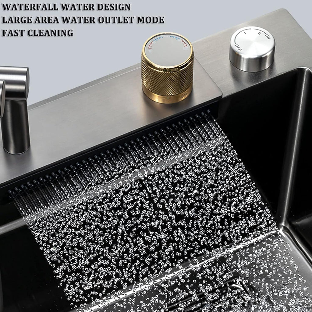 304 Stainless Steel Waterfall Sink Single Bowl Kitchen Sink Multi-Function Bar Prep Sink with Collapsible Faucet and Cup Washer Drop in Or Under Mount (Grey-68x46x21cm