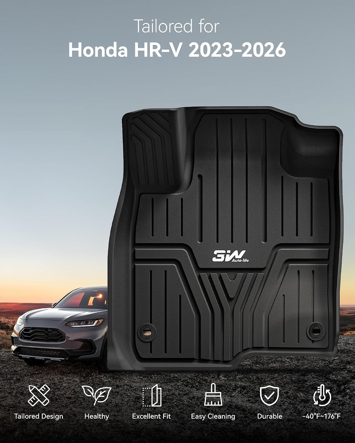 3W Floor Mats Fit for Honda HR-V 2023-2025 2026 & Acura ADX 2025 2026 TPE All Weather Custom Fit Floor Liner for Honda HRV 1st and 2nd Row Car Mats Black(Include Hybrid) (Not fit Premium Audio System)