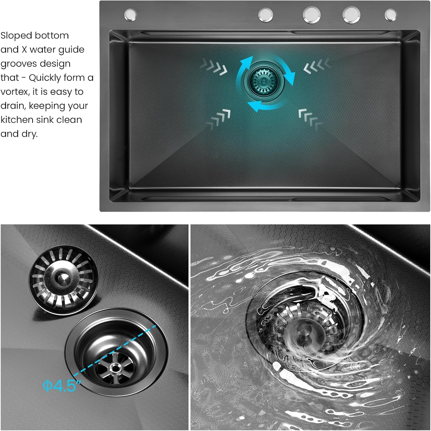 33x22 Inch Kitchen Sink with Waterfall Faucet Combo, Nano PVD Black 16 Gauge Stainless Steel Workstation, Scratch Resistant Single Bowl Drop-In Sink, Multifunctional Handmade Design