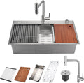 33 x 19 Waterfall Kitchen Sink with Faucet, Stainless Steel Undermount Single Bowl Kitchen Sinks, Large Farmhouse Workstation Sinks with Accessories, 8 Inch Deep Drop In Sink, Brushed Nickel