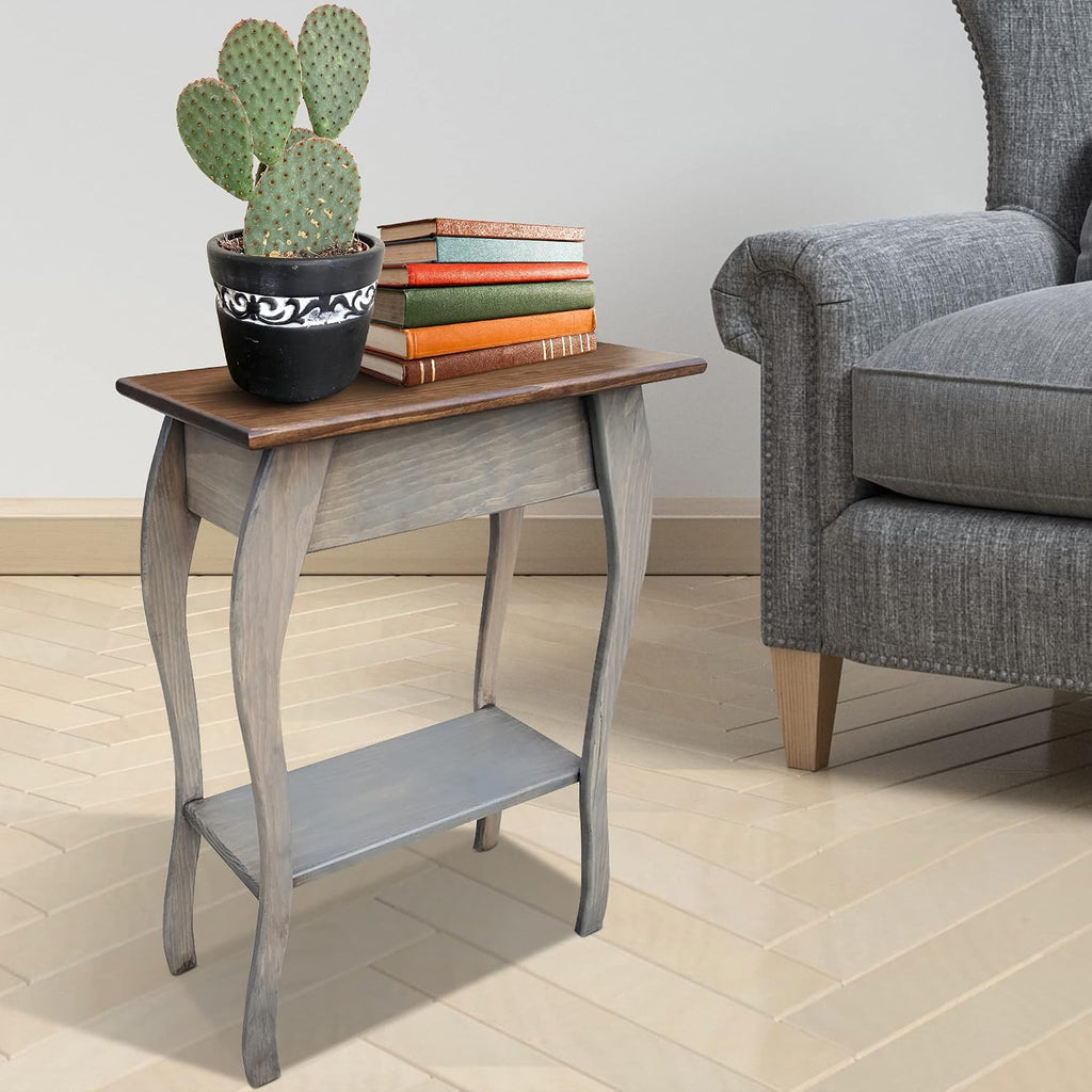 Peaceful Classics Wooden End Table- Amish Handmade Slim Side Table for Living Room, Bedroom, Entry Way, & Hallway, Thin Narrow End Table with 2-Tiered Shelves for Display & Storage, Pewter
