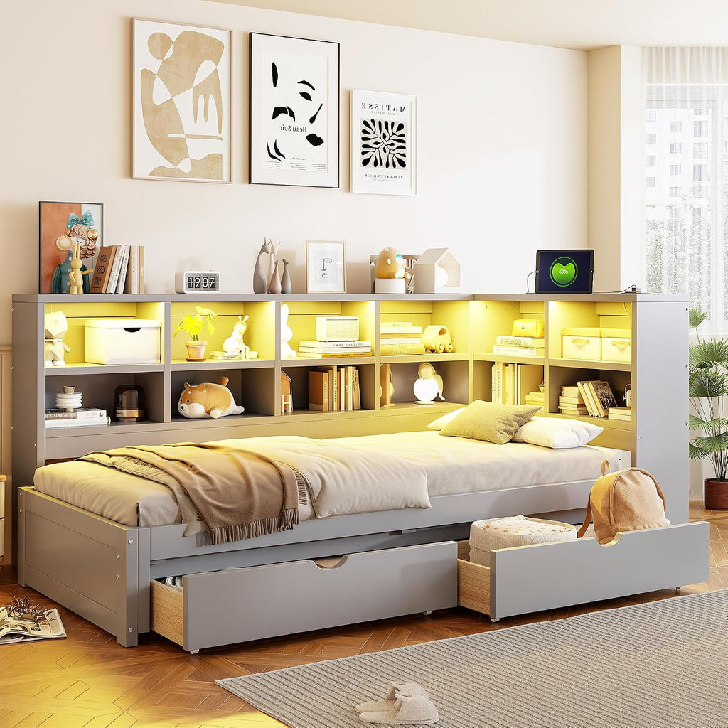 Merax Twin XL to King Size Daybed with Two Storage Drawers and Light, Wooden L-Shaped Corner Bed Sofa Bed with Storage Shelves and USB Ports, No Box Spring Needed, Gray
