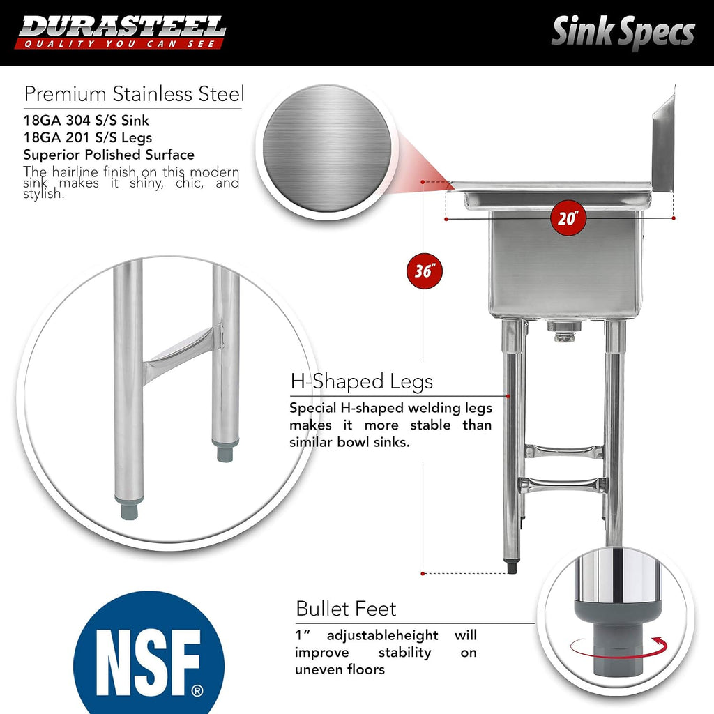 DuraSteel Stainless Steel Kitchen Sink - Triple 10' x 14' x 10' Bowl with No Lead Faucet - 3 Compartment Commercial Sink w/ Drainboards - For Restaurant, Laundry, Garage & Backyard - NSF Certified